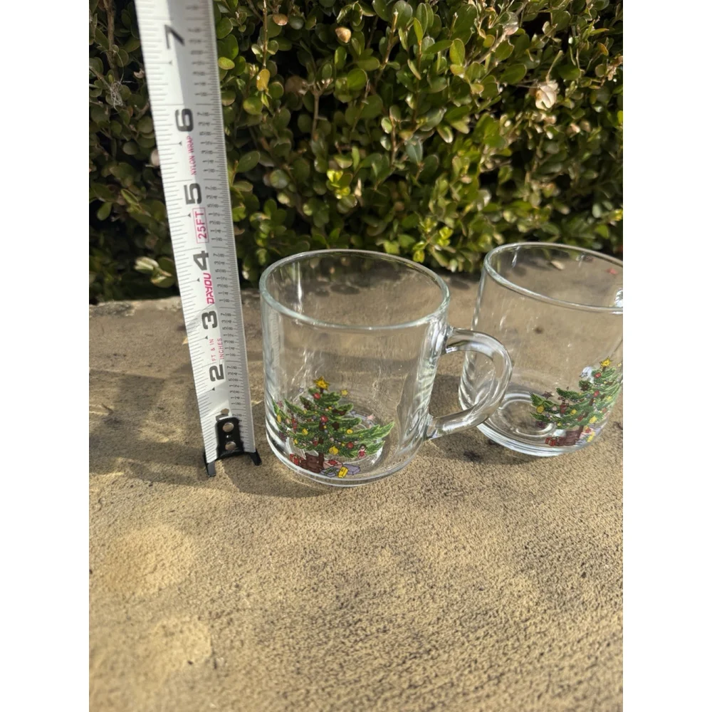 2 Christmas Tree Clear Glass Mugs Coffee Tea Cups Action Luminarc Vintage 1980s
